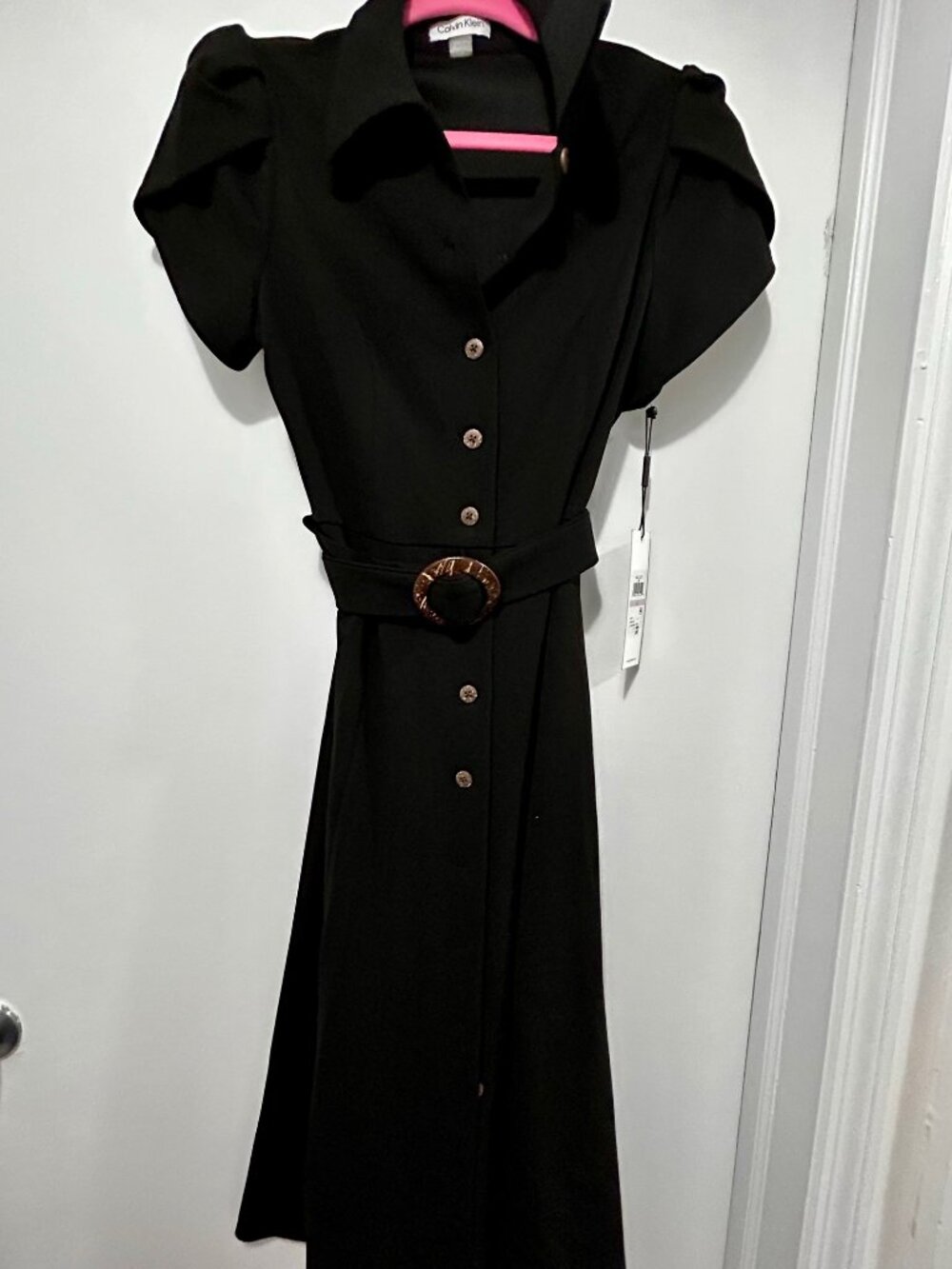 NWT Calvin Klein Black Belted Button Front Midi Dress Size 6